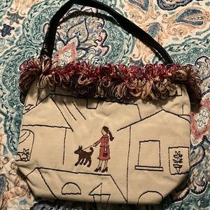 Artistic Embroidered Beige Shoulder Bag with Black Handle